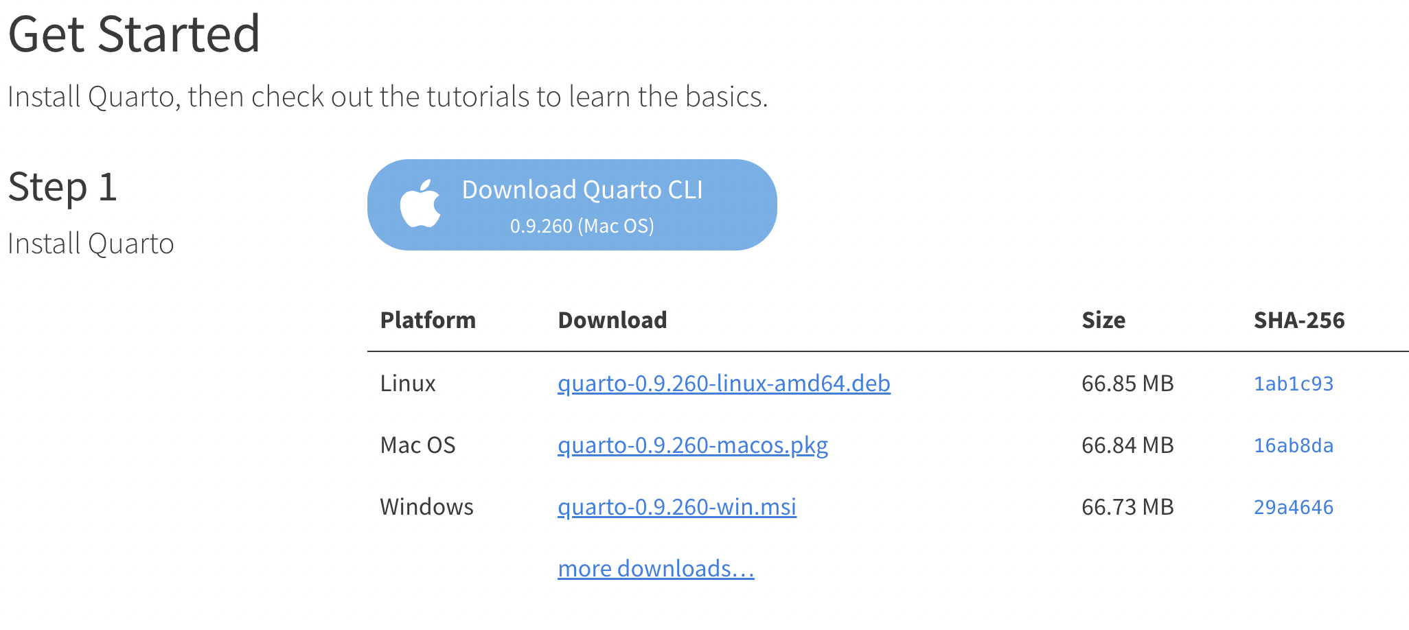 Print screen da página de instalação do Quarto