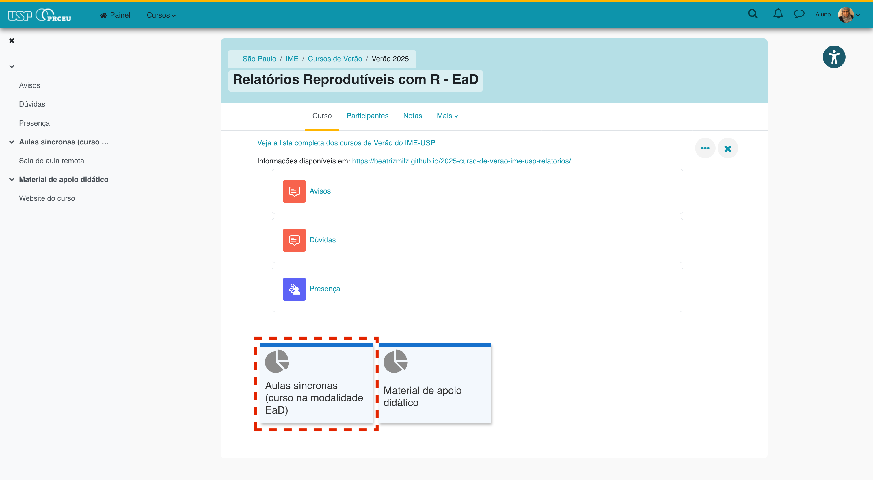 (1) - Clique no botão “Aulas Síncronas (curso na modalidade EaD)”